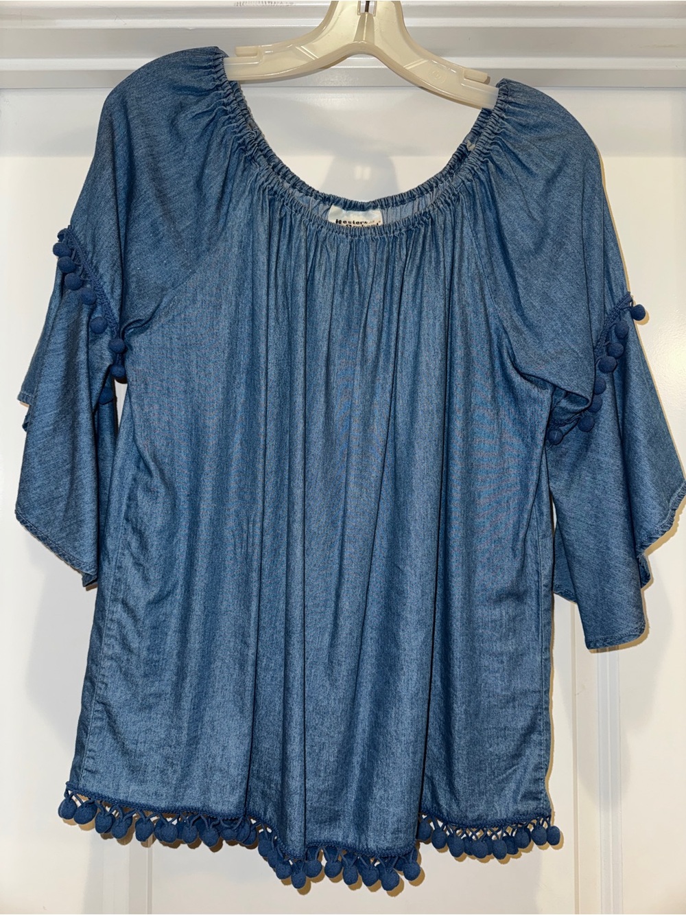 Hester & Orchard Blue Pom-Pom Peasant Top